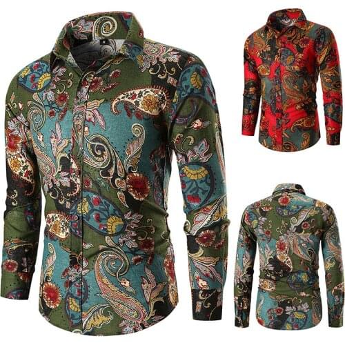 2021 Bandanna Printing Men Shirts Cotton and Linen Casual Paisley Long-sleeved Fashion Lapel Slim Wholesale Shirt Autumn Camisas