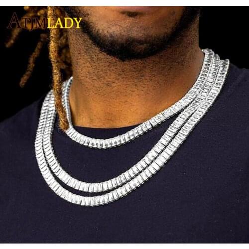 High quality Iced out bling hip hop mens boy necklace gold color baguette 5A cubic zirconia cz cluster tennis chain necklaces