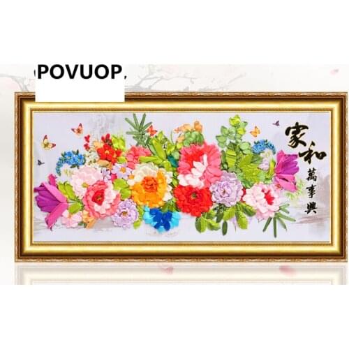 POVUOP The new 5D printing cross stitch 130X60cm Embroidered Ribbon three-dimensional embroidery paintings peony room