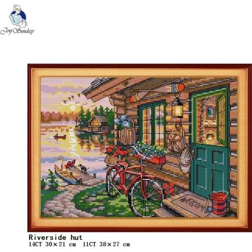 Riverside hut cross stitch kits DIY dusk landscape 14CT 11CT canvas printing embroidery set needlework home decoration painting