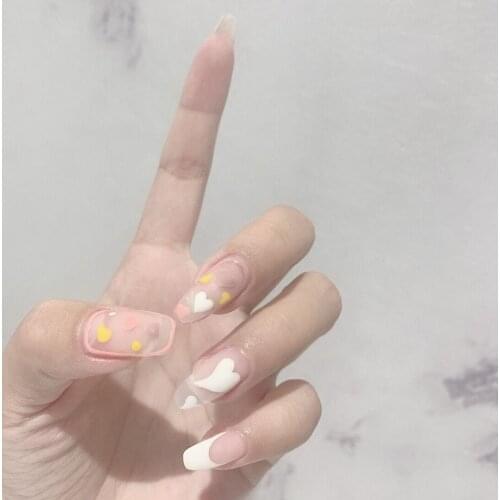Princess style Ins cream pure color with peach heart pattern false nails 24pcs with glue bride cute fake nails lady full nails
