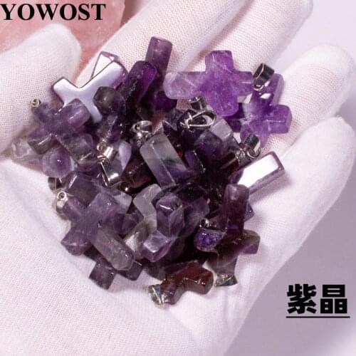 Wholesale 10Pcs/Lot Amethyst Natural Stone Charms Pendants Cross Shaped Dangle Beads QV0057