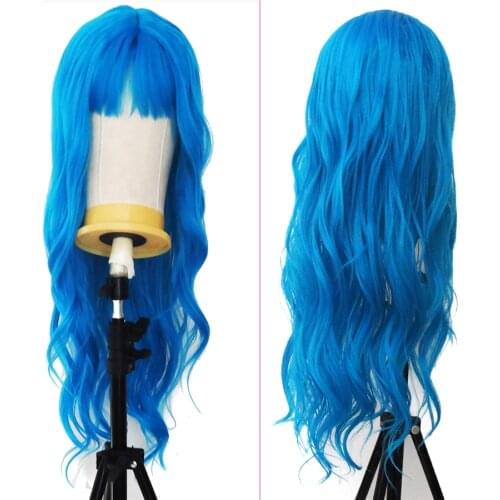 Blue Synthetic Hair Wig Long Wavy with Bangs 150% Density for Women Cosplay Machine Made Wig