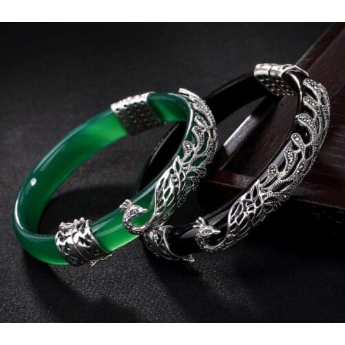 Hand-carved 925 sterling silver peacock green chalcedony retro high-grade for women bangle inlaid Thai silver opening bracelet