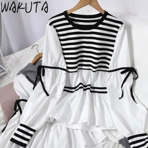 WAKUTA Striped Lace Up Knitted Patchwork Blouses Women Casual Loose Long Sleeve Spring 2021 New Korean Contrast Color Shirts