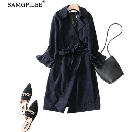 Autumn 2021 Women Clothing Casual Winter Coat Women Broadcloth Full Long Turn-down Collar Belt Slim Solid Female Windbreaker 3XL