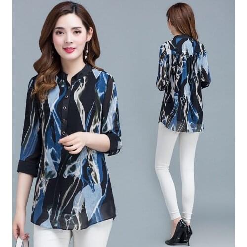 Summer Casual Women 4xl 5xl Loose Print 3/4 Sleeve Floral Top Chiffon Blouse , Womens Green Blue Flower Pattern Blouses Shirts