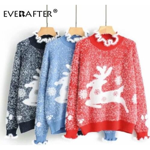 EVERAFTER Mohair Oversized Knitted Christmas Sweater Women Autumn winter long sleeve ruffled pullover streetwear ladies jumpers