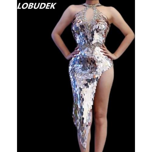 Irregular Gold Silver Scale Sequins Halter Dress Evening Party Women Singer Host Model Catwalk Show Stage Wear Nightclub Costume