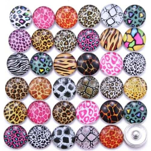 10pcs/lot Mixed Animal leather 18mm Glass Snap Buttons Jewelry Glass Cabochon Fit 18mm Snap Bracelet Bangles Necklace 020916