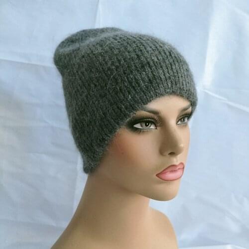 2021 Rabbit Fur Winter Hat for Women Solid Beanie Cashmere Wool Cap Female Knitted Skullies Beanies Warm Soft Knit Hat Bonnet