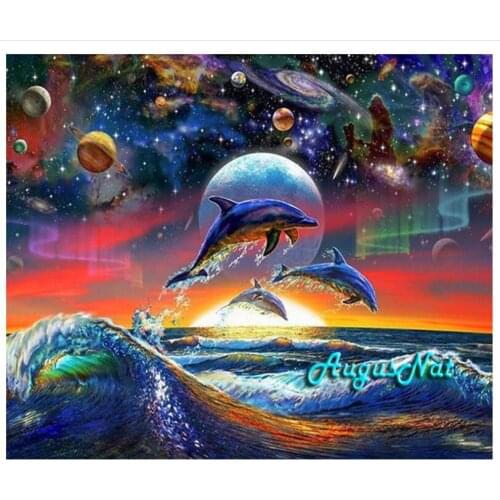 Ocean diamond painting full square dolphin wall art picture scenery diamond dots decal outerspace diamond sticker sunrise diy 5d