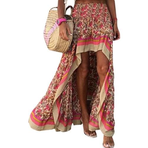 Women Stylish Elastic High Waist Ethnic Floral Print High Low Hem Long Skirt