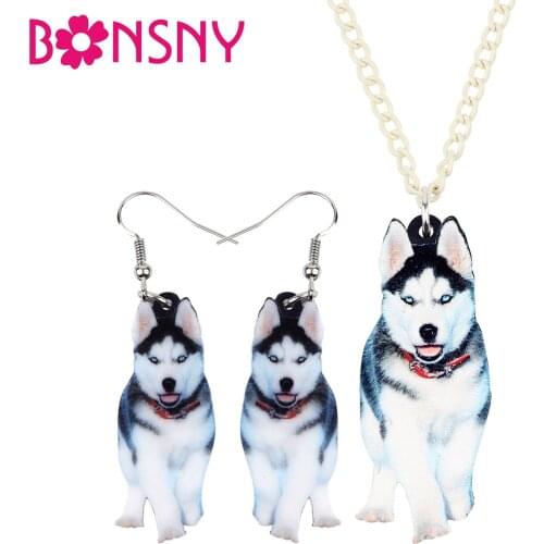 Bonsny Statement Acrylic Siberian Husky Dog Jewelry Sets Earrings Necklace Collar Fashion Animal Pets Gifts For Women Girls New