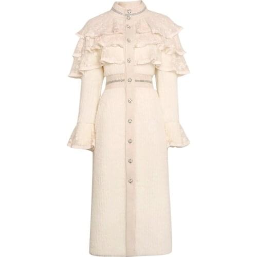 Temperament elegant woolen coat women stand collar lace stitching slim long overcoat
