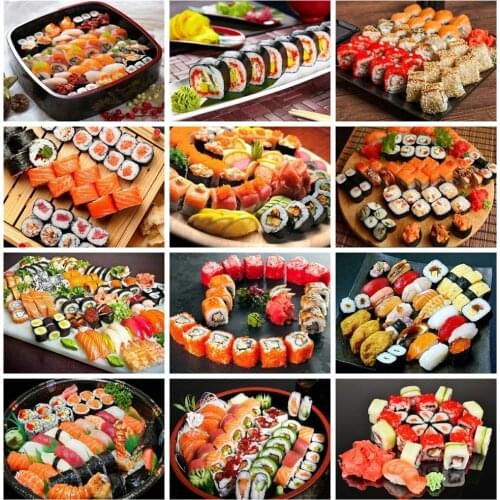 Huacan 5d Diamond Painting Full Drill Square/round Food Mosaic Sushi Embroidery Landscape Decorations For Home