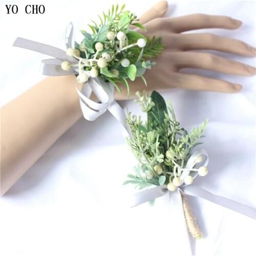 YO CHO Own Design Fake Green Leaves Wrist Flower Artificial Berries Fake Plant Corsage Wrist Flower for Wedding Holiday Party
