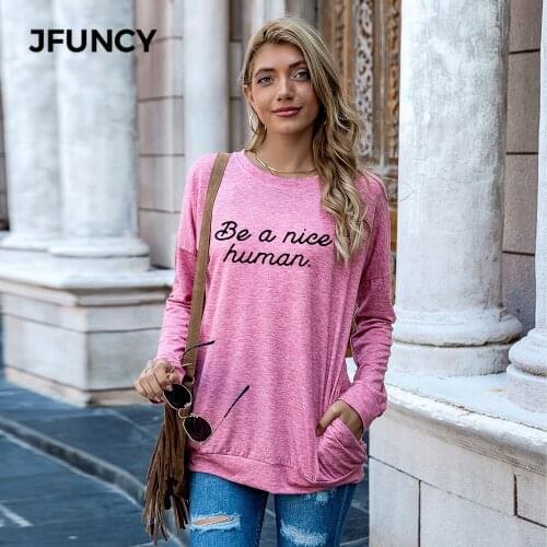 JFUNCY Creative Letters Print Long Sleeve T Shirt Women Autumn Loose Tee Shirts Female Tops Plus Size Woman T-shirt