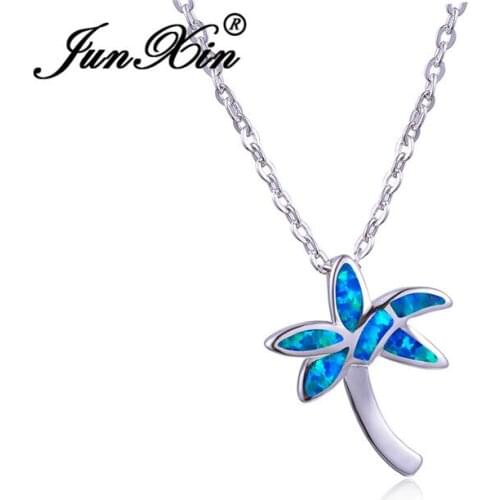 JUNXIN Cute Coconut Tree Pendant Blue White Fire Opal Necklaces For Women Silver Color Bride Wedding Necklace Summer Jewelry