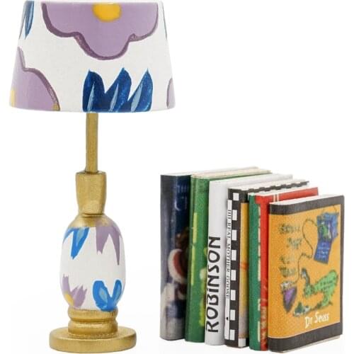 Odoria 1:12 Miniature Wooden Desk Lamp and 6Pcs Books Dollhouse Decoration Accessories