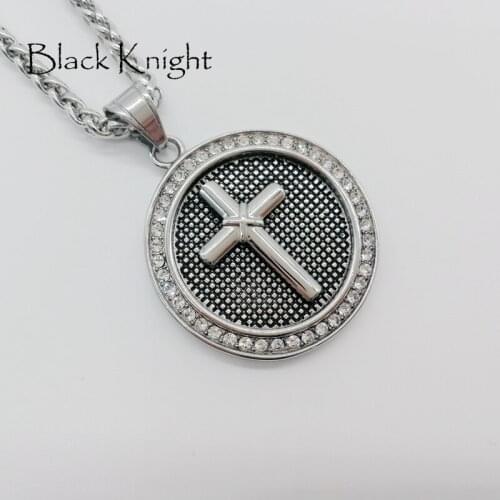 New 316 Stainless steel crystal stones round plate cross men necklace with hip hop necklace chokers link chain necklace CAGF0024