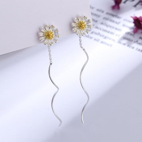 Simple Female Ear Chain Line 925 Sterling Silver Small Daisy Ear Line Tassel Long Wave Earrings for Women Pendientes Oorbellen