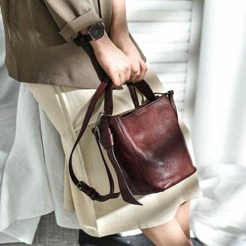 Vegetable Tanning Cow Leather Bucket Bag Simple Retro Top-handle Bag For Women Mini Diagonal Cross Bag Travel Shopping Bag