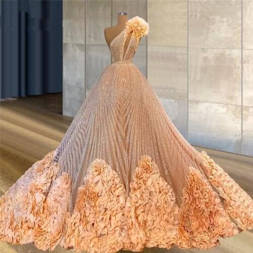 Luxury Champagne Prom Dresses One Shoulder Gorgeous Ruffles Bling Sequins Evening Dress Couture Dubai Arabic Celebrity Gowns