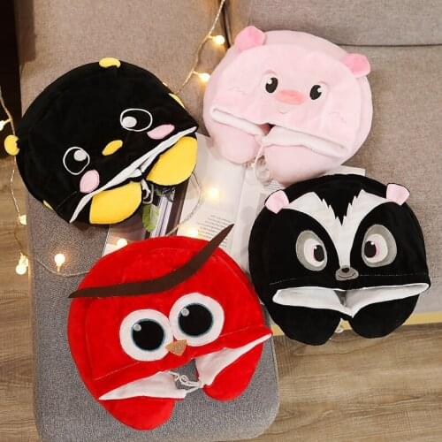 Cute Pig Owl Plush U shaped Pillow With Hat Stuffed Kawaii Bee Squirrel Neck Pillow Functional Toys For Girls Kids Birthday Gift