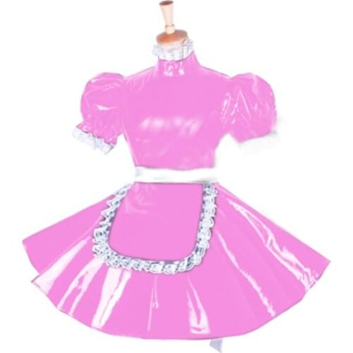 Sissy PVC Lockable Lolita Mini Dress Sexy Puff sleeve Maids Cosplay Costume Sexy Cute Maid Dresses Anime Uniform Temptation Suit