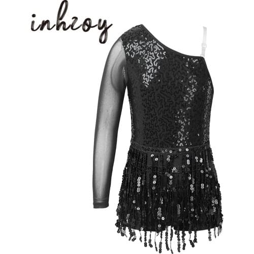 Kids Girls Ballet Dance Gymnastics Leotard Shorts Jumpsuit Dancewear Single Mesh Long Sleeve Sequins Tassel Figure Skating Dress