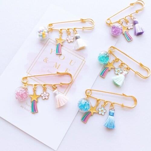 Lovely Star Rainbow Tassel Flower Brooch Big Beads Safety Simulated Pearl Rhinestone Pin Buckle For Women Scarf Jewelry Gift