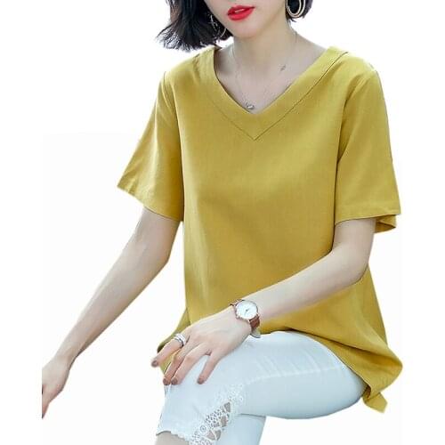 Cotton and Linen Tops women summer 2019 new women Casual Large size M-5XL Loose Short sleeve T-shirt yellow V-Neck Tops Tees
