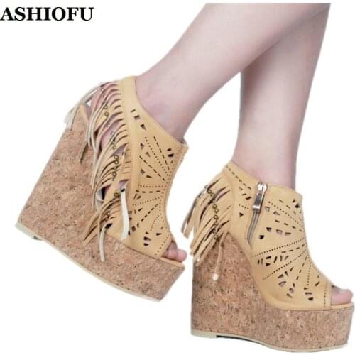 ASHIOFU Real Photos Handmade Womens Wadge Heel Sandals Fringed&Tassels Sexy Club Shoes Evening Party Fashion Sandals Shoes