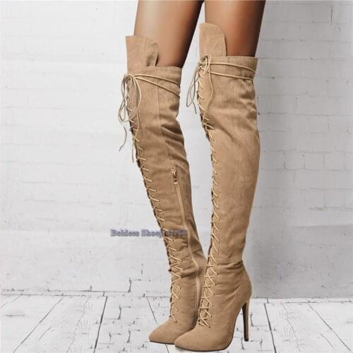 New Pointed Toe Over The Knee Sexy Lace Up Cover Knee Thin High Heel Overknee Woman Thigh High Heeled Long Botas Plus size