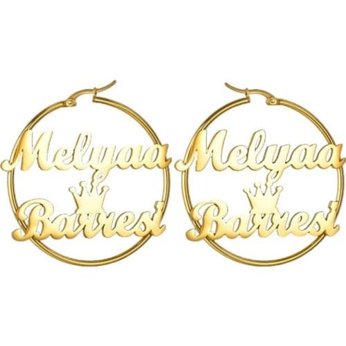 Custom Double Row Name Earrings Stainless Steel Big Hoops Earrings with Crown Fashion Gold Earrings 2021 Trend for Women