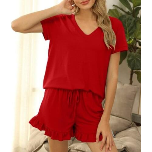 2021 New Summer Sets Womens Casual Short Sleeve V-Neck Top and Shorts Two Piece Home Set L Home Clothing Womens Set
