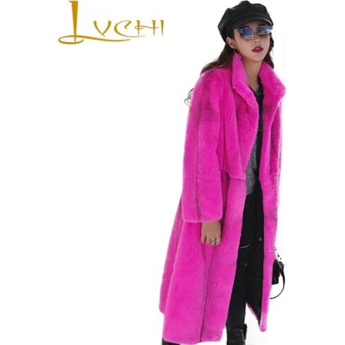LVCHI Winter 2019 Import Swan Velvet Long Real Mink Fur Coats Mandarin Collare Womens Rose Red X-Long Slim Causal Mink Coats