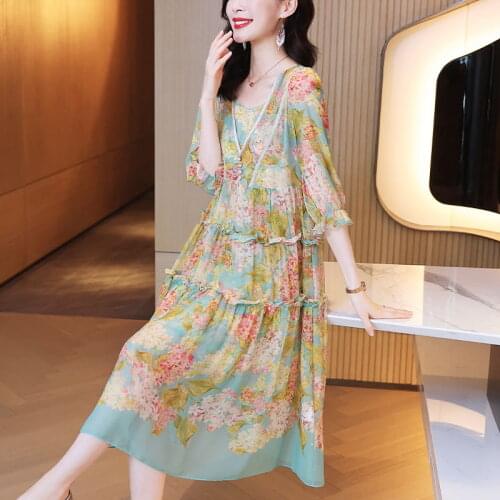 100% Silk Women Dress Print Floral V Neck Summer Woman Dresses Vintage Elegant Ladies Party Vestidos Vestidos De Mujer WPY3608