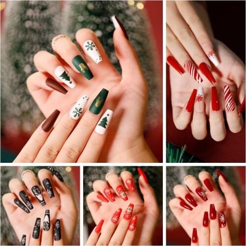 24PCS Christmas Nail Art False Nail Festival Pumpkin Wraps Waterproof Full DIY Manicure Accessories fake nails with glue