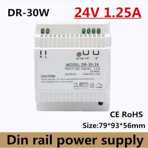 30w output 24v 1.5A single output din rail switching power supply led power supply ac 220v 110v to dc 24v (model: DR-30-24)