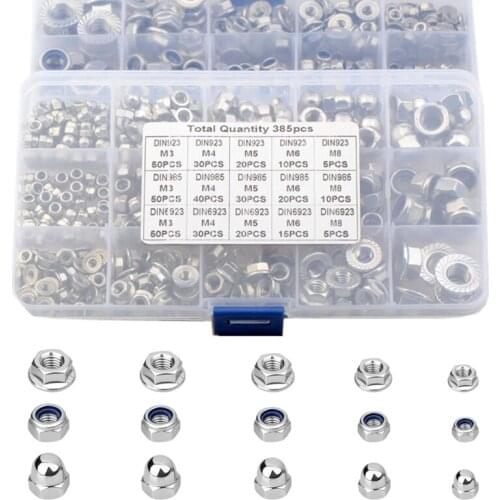 385pcs Hexagon Flange Nut Assortment Kit M3 M4 M5 M6 M8 Acorn Cap Nut 304 Stainless Steel Hex Nylon Insert Lock Nut Fastener Set