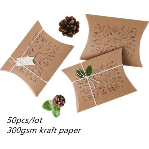 50pcs 300gsm Kraft Paper Brown Big Size Pillow Wedding Party Favor Paper Gift Box Candy Boxes Supply Accessories Favor Gift Box