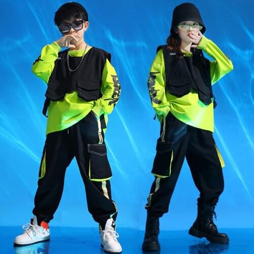 Kids Jazz Dance Costumes Girls Clothing Green Top Hiphop Leggings Pants Children Hip Hop Clothes Boys Ballroom Dance Set XS1184