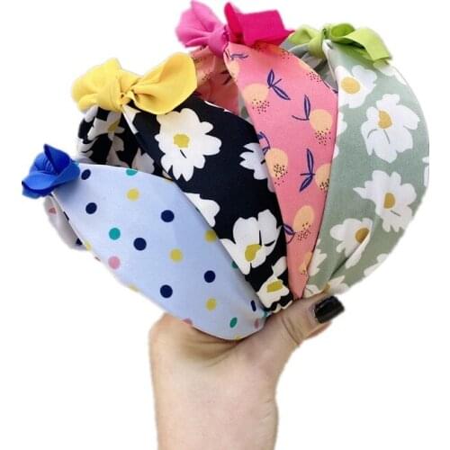 Childrens Fabric Floral Headbands Colorful Bowknot Wide-sided Sponge Headband Contrast Color Bundled Girl Hair Accessories