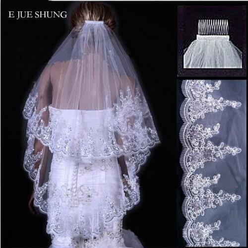 E JUE SHUNG Lace Edge Two layers Wedding Veils 2020 High Quality Cheap Bridal Veils with comb Wedding Accessories
