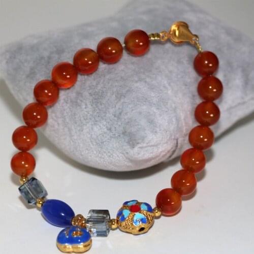 Elegant 8mm natural red agat round beads stone carnelian onyx charms strand bracelet for women cloisonne jewelry 7.5inch B2954