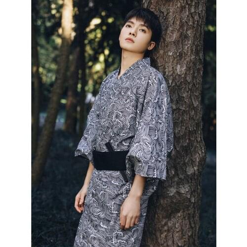 Mens Japanese Traditional Kimono Ocean Wave Prints 6pcs/Set Classic Yukata Cosplay Clothinig Photography Wear Bathrobe