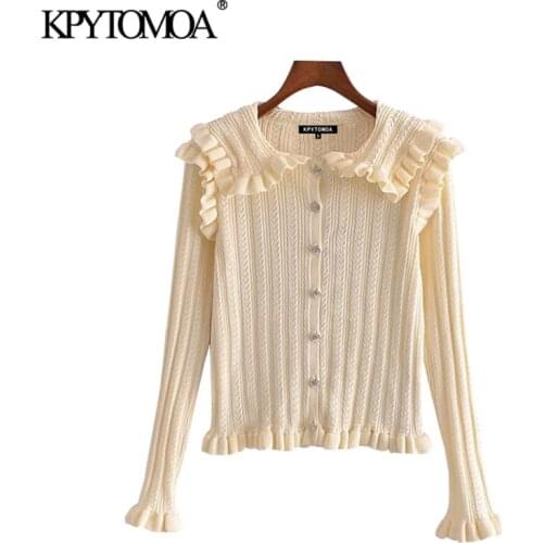 KPYTOMOA Women 2021 Fashion With Rhinestone Buttons Ruffled Knit Cardigan Sweater Vintage Long Sleeve Female Outerwear Chic Tops
