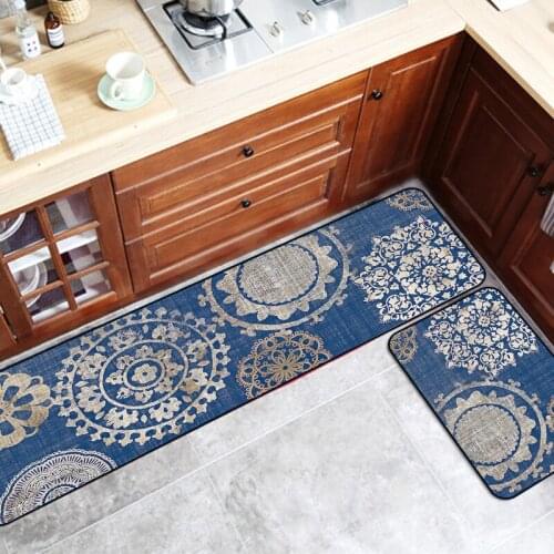 Persian Style Kitchen Carpet Anti-Slip Modern Blue Flower Living Room Balcony Bathroom Carpet Doormat Hallway Geometric Bath Mat